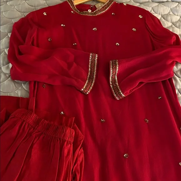 Chic Kalki Lined Long Sleeve Red Pantsuit with Embellishments. - Picture 4 of 5